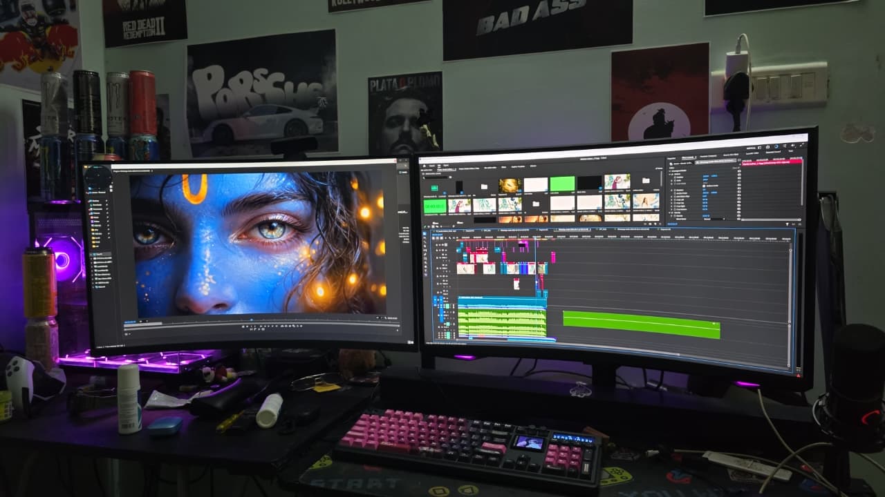 Editing workstation showing the layered film timeline across two monitors