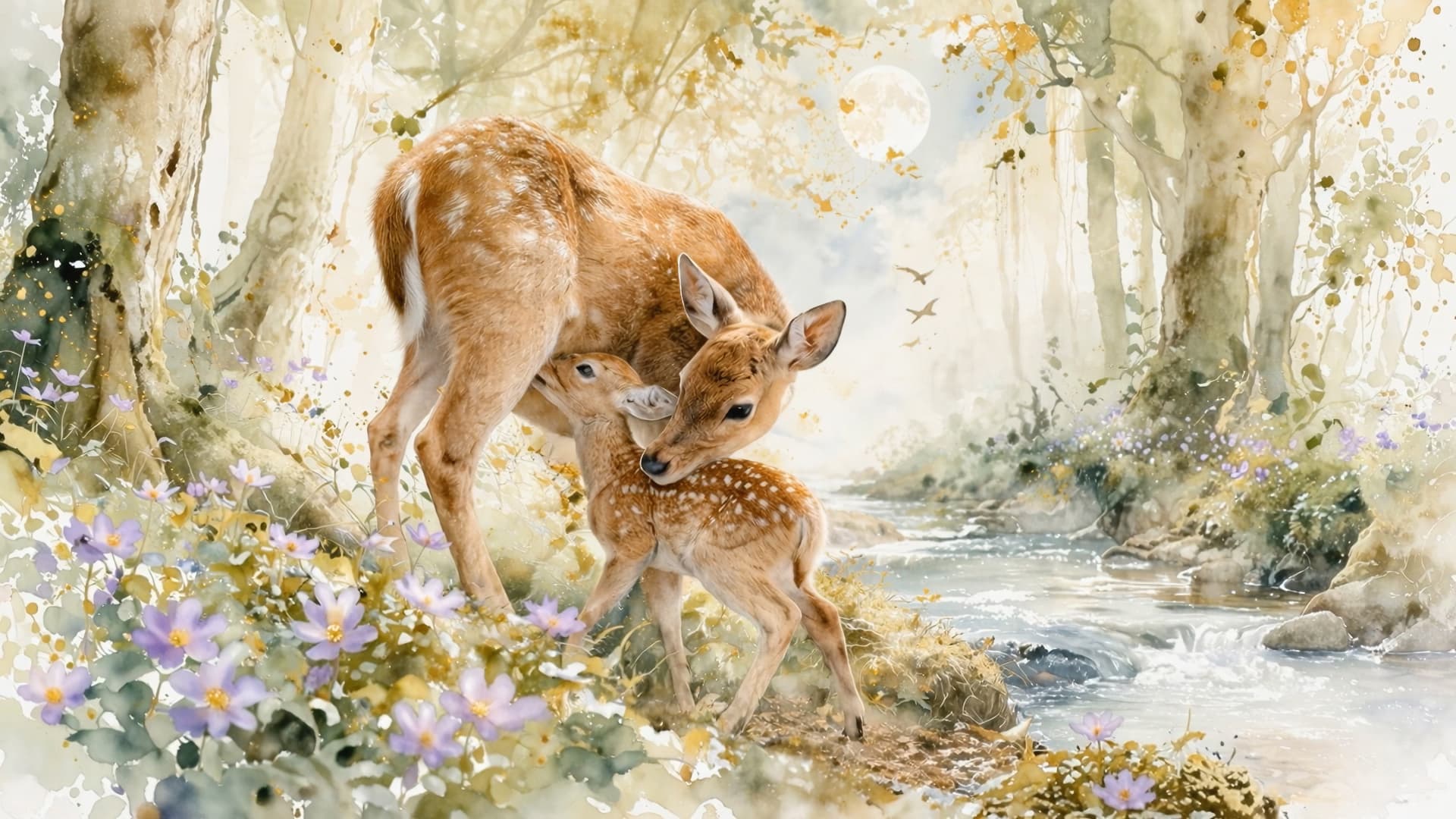 Watercolour-style forest scene with deer in morning mist