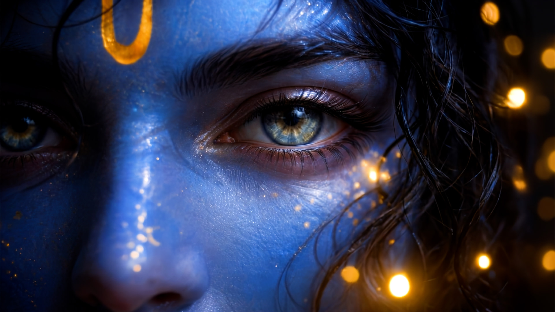 Final composited close-up of Krishna with golden particle light