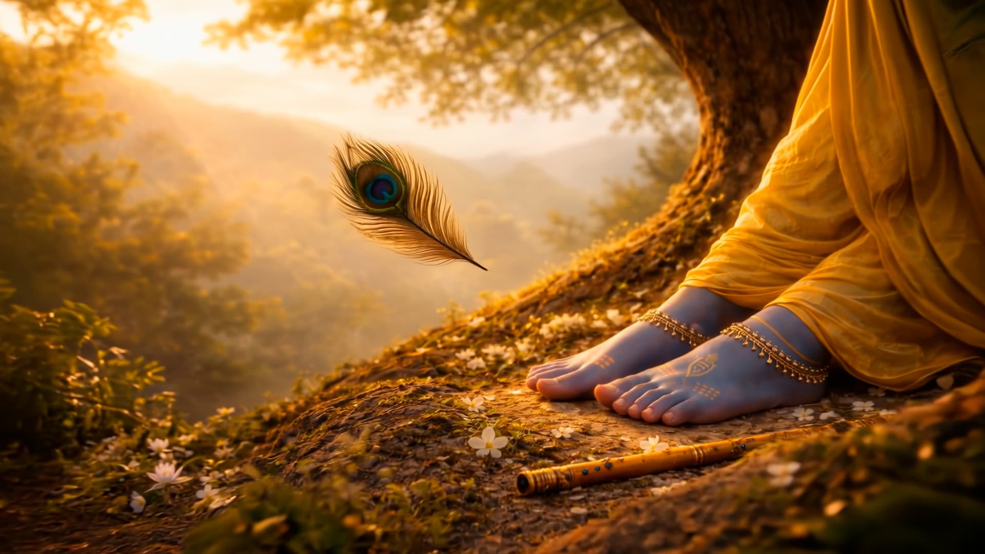 Peacock feather drifting near Krishna’s feet beneath a tree