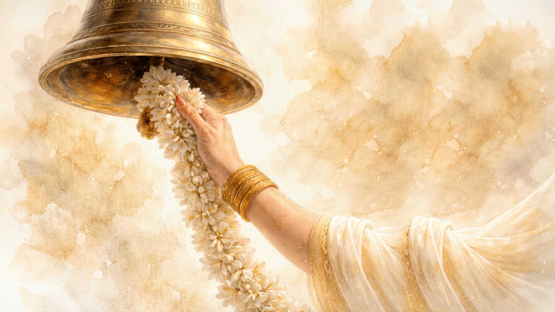 A hand offering a jasmine garland to a temple bell